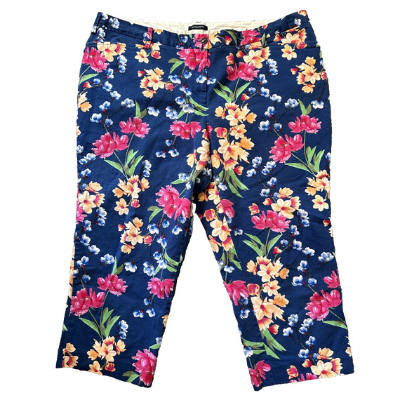 Lands End Mid Rise Straight Rise Pants Size 20W Navy Blue Floral Cropped Capri‎ - Picture 1 of 7
